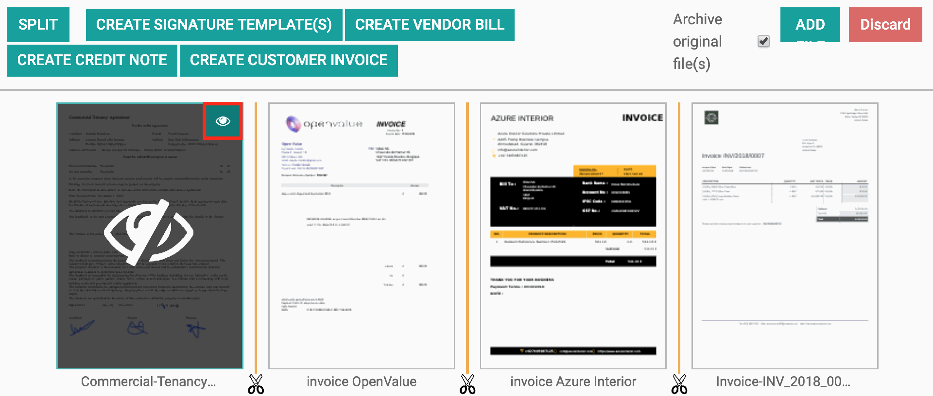 Aplicação de documentos do Odoo - cortar vários documentos