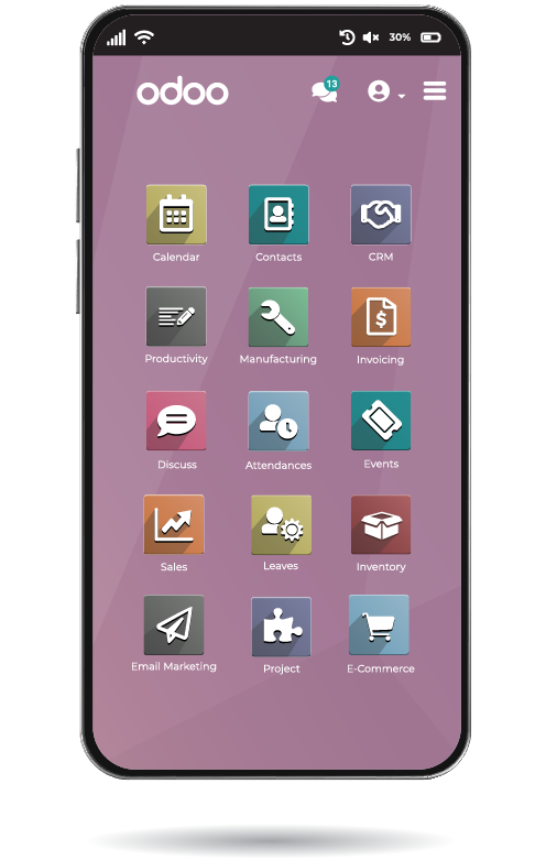 Vista mobile do interface Odoo Interface Odoo